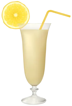 a glass with a drink and a lemon slice