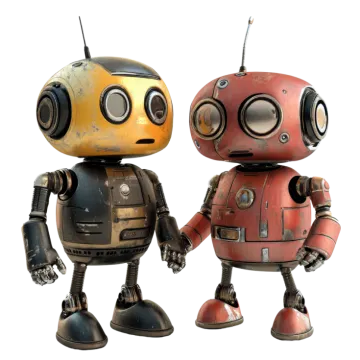 two robots standing next to each other one