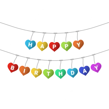 a happy birthday card with colorful hearts hanging on a string