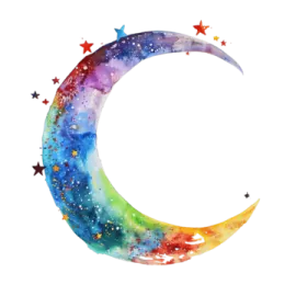 a watercolor painting of the moon and stars