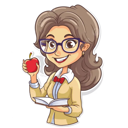 a cartoon girl with glasses holding an apple