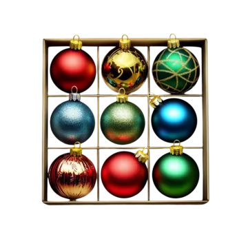 a box filled with christmas ornaments