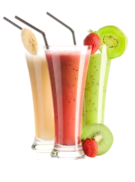 two glasses of fruit and a banana on a white background