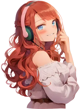 a girl with long red hair wearing headphones