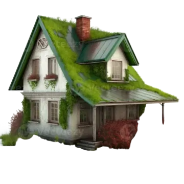a small house with a green roof