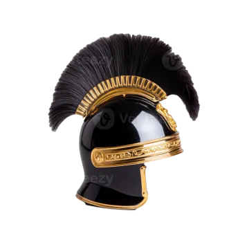 a black and gold helmet with feathers