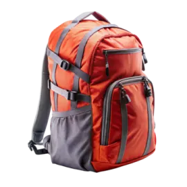 an orange backpack with grey straps