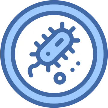 a blue and white icon of a virus in a circle