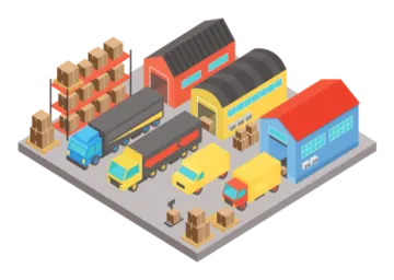 an illustration of a warehouse with boxes and trucks