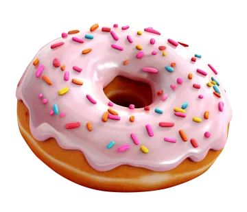 a donut with pink frosting and sprinng