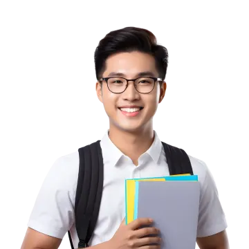 a young man in a school uniform holding a book and smiling at the camera