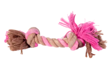 a pink and brown dog toy on a white background