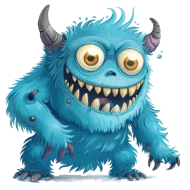 an illustration of a blue monster with big eyes and horns
