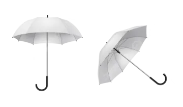 two white umbrellas with black handles on a white background