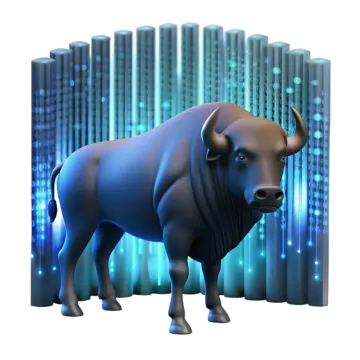 a bull standing in front of a city skyline