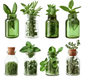 a collection of mason jars filled with herbs