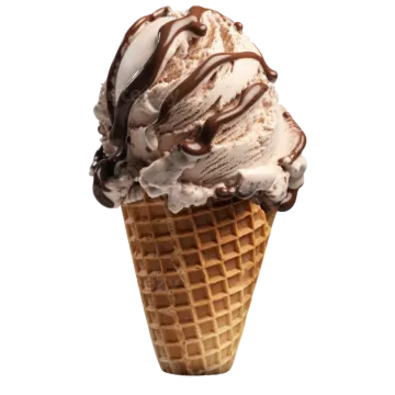 an ice cream cone with chocolate sauce on top