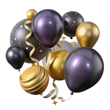 a bunch of black, gold and silver balloons
