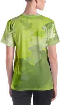 a woman wearing a green t - shirt