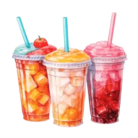 three plastic cups filled with different types of drinks