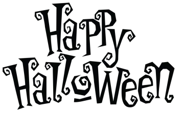 a black and white image of the word happy halloween