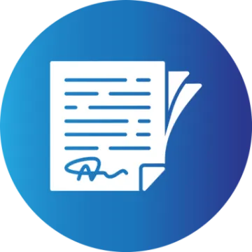 a blue circle with a hand holding a piece of paper