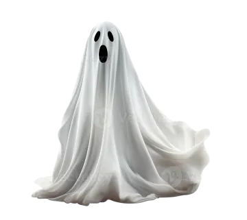 a white ghost with black eyes and a long cloak