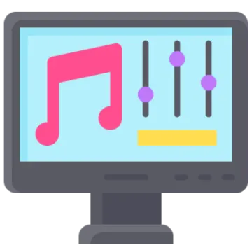 a computer with music notes on the screen
