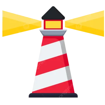 a red and white lighthouse with yellow lights