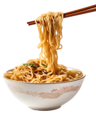 a bowl of noodles with chops in it