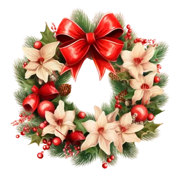 a christmas wreath with red and white poins