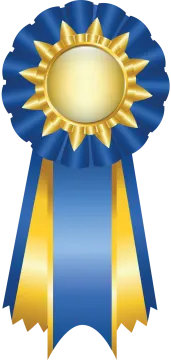 a blue and gold award ribbon