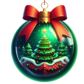 a green christmas orname with a red bow