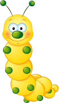 a yellow cater with blue eyes and green antennae