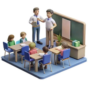 a group of people sitting at desks in a classroom