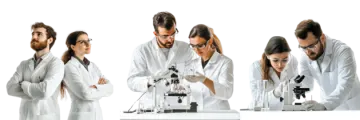 a group of people in lab coats looking through microscopes