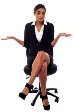 a woman in a black suit sitting on a chair