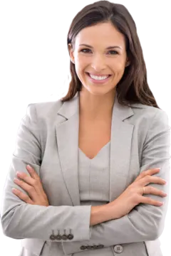 a woman in a business suit standing with her arms crossed
