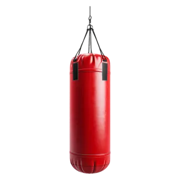 a red punching bag hanging on a white background