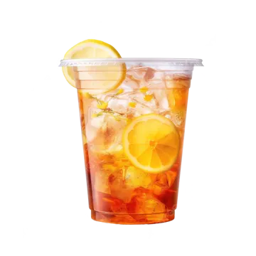 a glass filled with ice and lemon slices