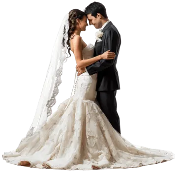 a bride and groom posing for the camera