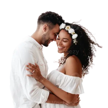 a man and woman embracing in front of white background
