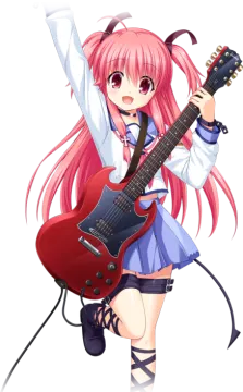 a girl with long pink hair holding a guitar