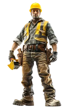 a man in a hard hat and overalls holding a hammer