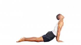 a man doing a yoga pose on a white background