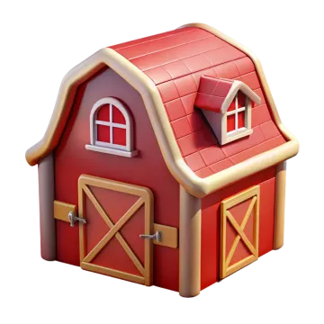 a small red barn with two doors and windows