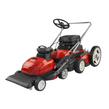 a red lawn mower on a white background