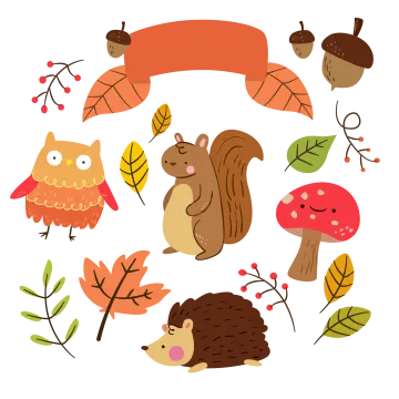 a set of cute woodland animals with autumn leaves and mushrooms