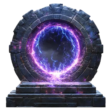 a stone portal with lightning in the center