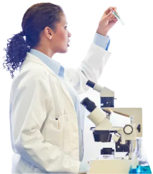 a woman wearing a lab coat